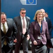 Mike Pompeo under ett möte i Bryssel i går. 