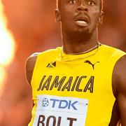 Usain Bolt efter målgång i finalen på 100 meter i friidrotts-VM i London 2017.