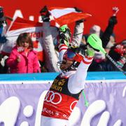 Marcel Hirscher efter segern i Kranjska Gora