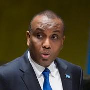 Somalias premiärminister Hamza Abdi Barre talar i FN i september 2023. 