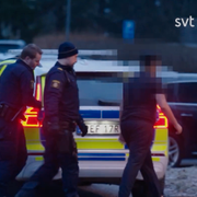 Polisen griper en person som misstänks vara en del av nätverket. Bild från Uppdrag Granskning.