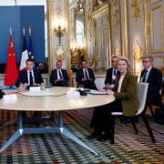 Frankrikes president Emmanuel Macron, Kinas president XI Jinping och EU-kommissionens ordförande Ursula von der Leyen. 