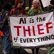 AI-protester i London, 28 februari 2026.