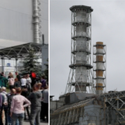 Turister vid Tjernobyl. Arkivbilder.