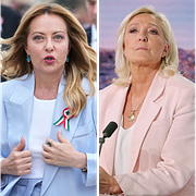 Spanska Vox ledare Santiago Abascal, Italiens premiärminister Giorgia Meloni, Marine Le Pen och Polens president Karol Nawrocki.