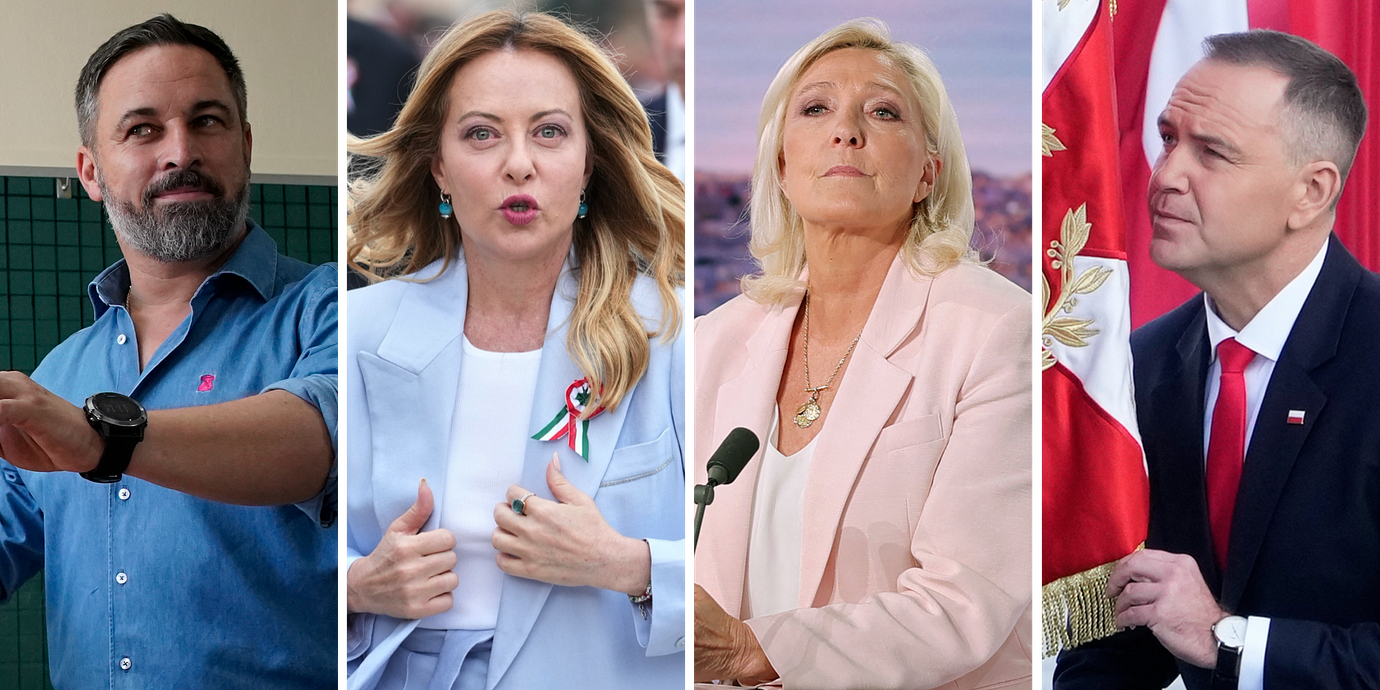 Spanska Vox ledare Santiago Abascal, Italiens premiärminister Giorgia Meloni, Marine Le Pen och Polens president Karol Nawrocki.