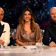 Juryn bestående av fr v Quincy Jones III, Nikki Amini och Fredrik Kempe under finalen i TV4:s "Idol" i Globen i Stockholm på fredagskvällen.