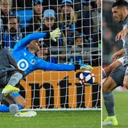 Sebastian Lletget skjuter in 1–0/Zlatan i en bollfajt med Minnesotas Michael Boxall. 