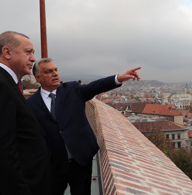 Hungarian Prime Minister Viktor Orban, right, points out city landmarks to Turkish President Recep Tayyip Erdogan, in Budapest, Hungary, Thursday, Nov. 7, 2019. AP