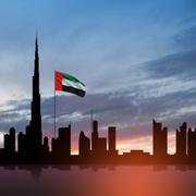 Dubai skyline view at sunset.
