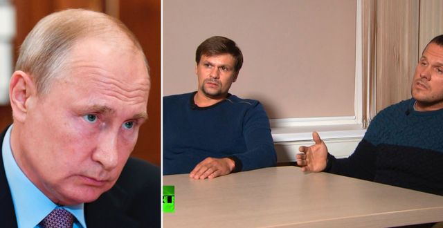 Putin, Salisburymisstänkta Ruslan Boshirov och Alexander Petrov i intervju med RT. TT