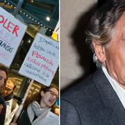 Demonstranter med skyltar som det står: ”Om våldtäkt är en konstform borde Polanski få alla Césarpriser”/Roman Polanski.