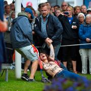 Femen aktion under statsminister Fredrik Reinfeldt tal i Almedalen på partiets dag under politikerveckan i Visby.