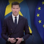 Skärmdump från en videosändning av dagens pressträff. 