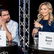 Sverigedemokraternas partiledare Jimmie Åkesson (SD) och Kristdemokraternas partiledare Ebba Busch (KD) inför Sveriges Radios slutdebatt i valrörelsen 2022.