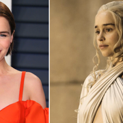 Emilia Clarke på röda mattan (t v) och i rollen som Daenerys Targaryen (t h).