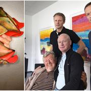 Priset guldbaggen t v. Bröderna Felix och Måns Herngren med skådespelare Iwar Wiklander och Robert Gustafsson under en pressträff inför filmen ”Hundraettåringen som smet från notan och försvann” t h