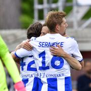 Glädje i Göteborg efter Mikkel Diskeruds(tv) 0-1 mål under söndagens fotbollsmatch i allsvenskan mellan Jönköping och IFK Göteborg