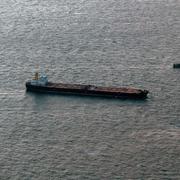 The oil tanker "Eventin" off the coast of the island of Rügen, Germany, Friday Jan. 10, 2025. (Stefan Sauer/dpa via AP)  LBJ114