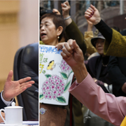 President Moon Jae-In och demonstrationer mot avtalet med Japan. Arkivbild.