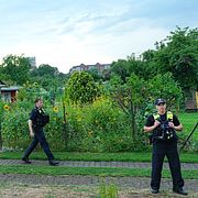 Polisen efter insatsen i koloniområdet i stadsdelen Spandau i Berlin.