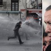 Demonstranter i Istanbul beskjuts med vattenkanoner av turkisk polis på lördagen. Recep Tayyip Erdogan, arkivbild.