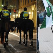 Arkivbilder: Ridande poliser och nazist från Nordiska motståndsrörelsen.