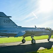 Ja 39 Gripen E på Skaraborgs flygflottilj F 7 i Såtenäs. Arkivbild.