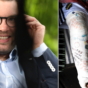 Jimmie Åkesson i Almedalen/Arkivbild, barn med ett gipsat ben.