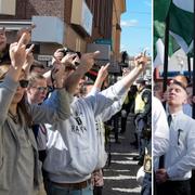 Motdemonstranter pekar finger åt nazisterna som tågade genom Falun i dag.