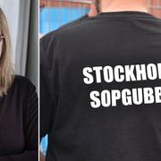 Stockholms hälso- och sjukvårdslandstingsråd Anna Starbrink (L) och en av de strejkande sophämtarna.