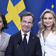 Tidöpartiernas partiledare Simona Mohamsson (L), Ulf Kristersson (M),  Ebba Busch (KD) och  Jimmie Åkesson (SD) under en pressträff i maj i år.