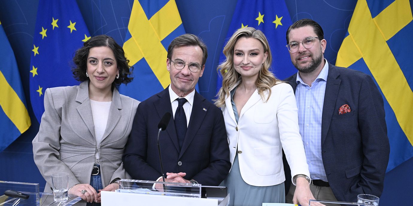 Tidöpartiernas partiledare Simona Mohamsson (L), Ulf Kristersson (M),  Ebba Busch (KD) och  Jimmie Åkesson (SD) under en pressträff i maj i år.