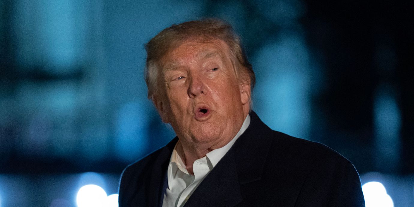 President Donald Trump talks to reporters as he walks on the South Lawn upon his arrival to the White House, Thursday, Oct. 8, 2026, in Washington. (AP Photo/Jose Luis Magana)  DCJL107