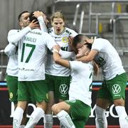 Hammarby-spelare under söndagens fotbollsmatch i Svenska Cupen mellan Hannarby IF och AIK på Tele 2 Arena. 