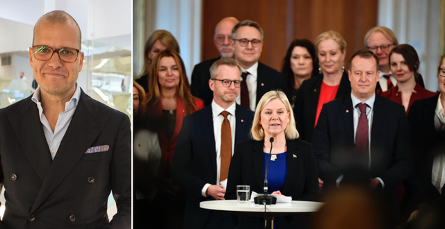Joakim Bornold och de svenska ministrarna med statsminister Magdalena Andersson i spetsen. 