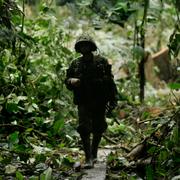 Arkivbild på en soldat i Colombia som lämnar ett kokainlabb efter ett tillslag.