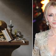 Målningen J.K. Rowling lagt upp (t v), J.K. Rowling (t h).