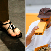 Arkivbild på en prickig klänning, platta sandaler och en åskådare vid en modevisning.