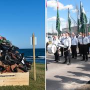 Protest mot NMR:s medverkan i Almedalen i form av en remake av Stanislaw Muchas bild på skor tillhörande de som mördades i Auschwitz-Birkenau/NMR under manifestation i Falun itidigare i år. 