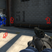 En man som spelar Xbox. Till höger en bild från studien som visar en användare som använder ett fusk för att se motståndarna i CS:go genom väggarna. 