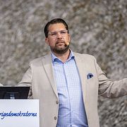 Sverigedemokraternas partiledare Jimmie Åkesson håller sommartal vid Slottslängorna i Sölvesborg på lördagen.