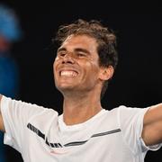 Spaniens Rafael Nadal firar segern över Bulgariens Grigor Dimitrov.