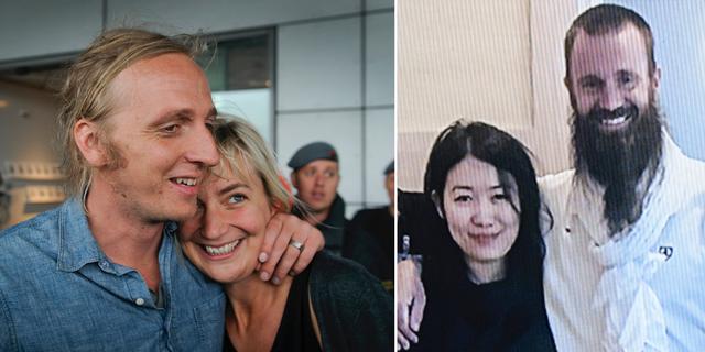 Martin Schibbye med sin hustru efter att han släppts fri från Etiopien/Första bilden på Johan Gustafsson i frihet. TT