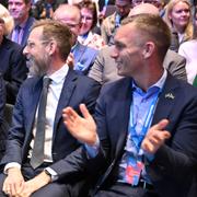 Från vänster: Ebba Busch, Jakob Forssmed och Erik Slottner på rikstinget.