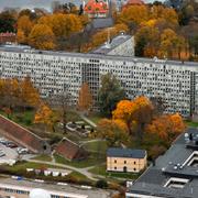 Flygbild över Radiohuset med Sveriges radio.