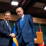 Sveriges statsminister Ulf Kristersson (M) och Turkiets president Recep Tayyip Erdogan håller en gemensam pressträff i Ankara, i samband med ett möte där man diskuterar Sveriges Natoansökan.