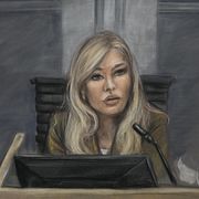 Teckning av Nora Haukland i rättsalen. 