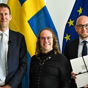 Jacob Stedman, vd Blykalla, Janne Wallenius, medgrundare Blykalla, vikarierande klimat- och miljöminister Johan Britz (L).