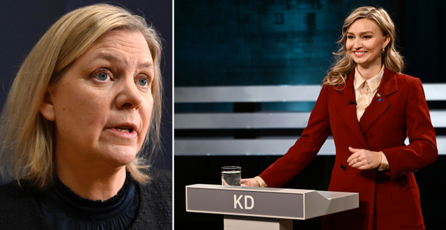 Magdalena Andersson (S) och Ebba Busch (KD) under partiledardebatten i Agenda tidigare i december. TT